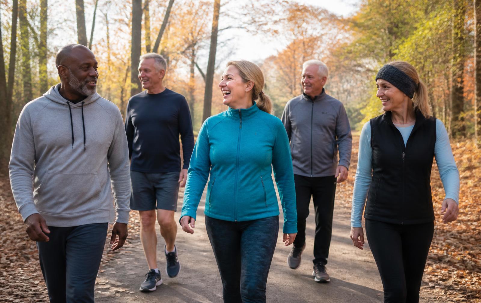 Adults walking together along a tree-lined trail in autumn light